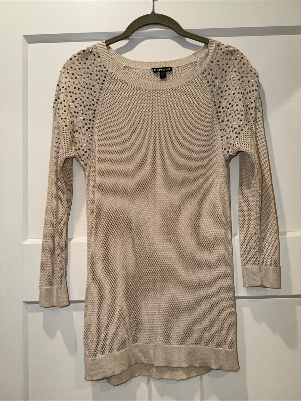 Express Beige Open-Knit Sweater with Embellished Shoulders
